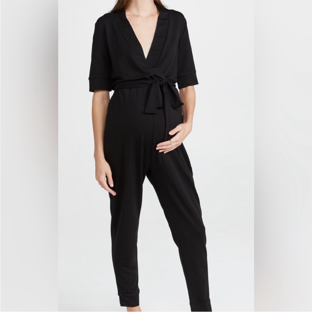 HATCH Black Wrap Front Maternity Jumpsuit‎ Belted Size M Short Sleeve Casual